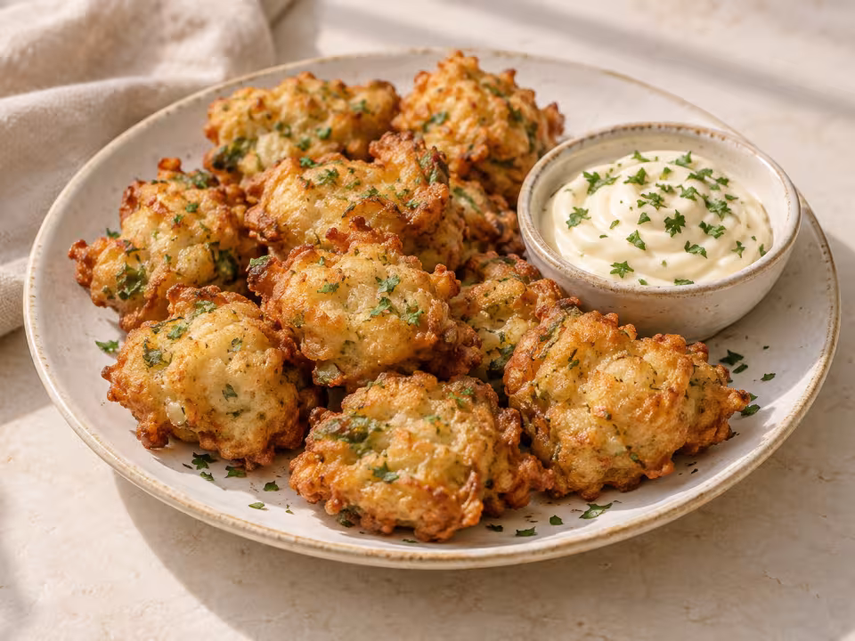 Buñuelos de bacalao y hortalizas con mayonesa servido