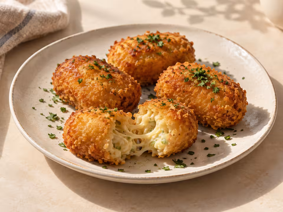 Melting cheese croquettes in filo pastry ready to serve
