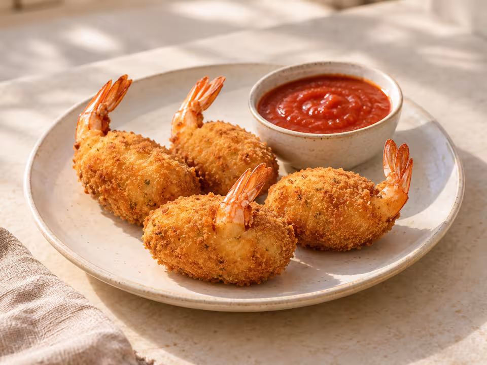 Croquetas de patata con gamba entera y tomate servido