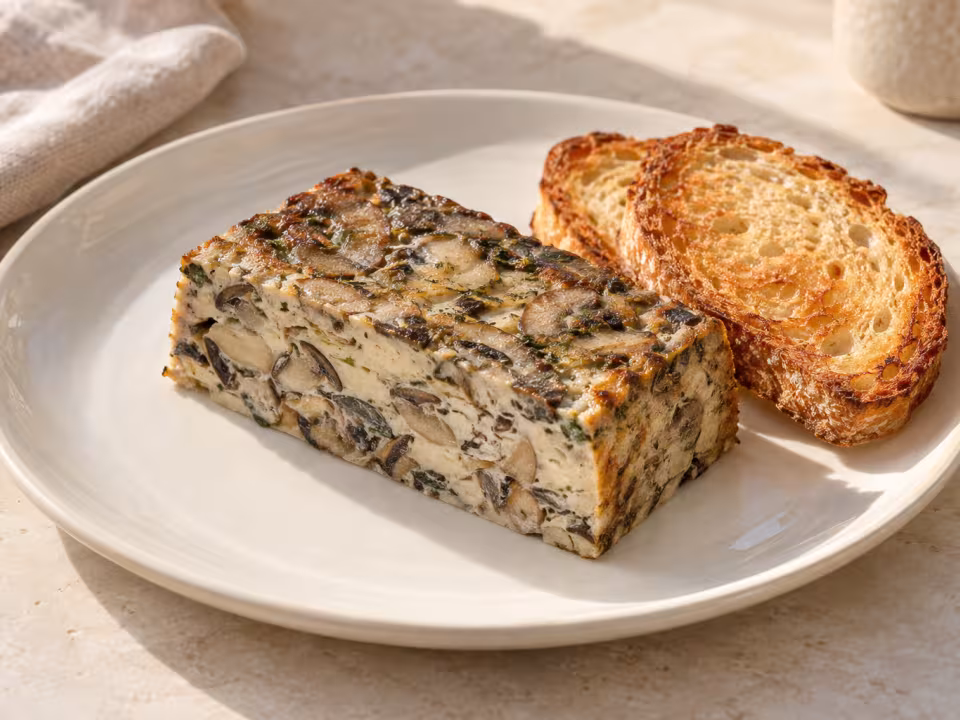 Pastel de setas y chalotas con tostadas servido