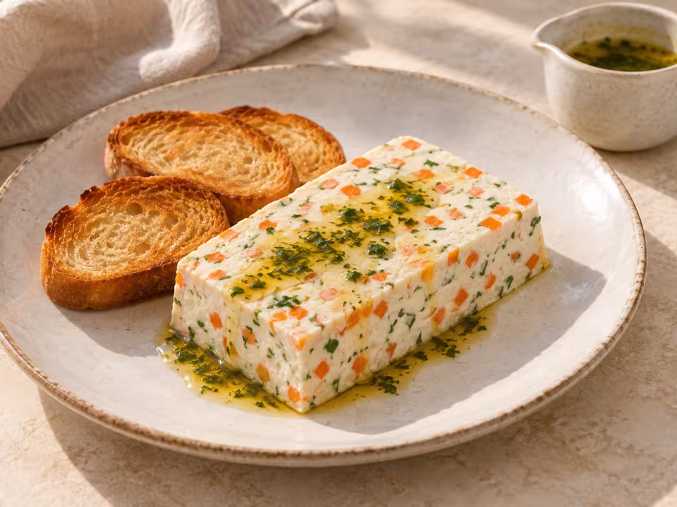 Cheese, carrot and chive terrine with honey dressing ready to serve