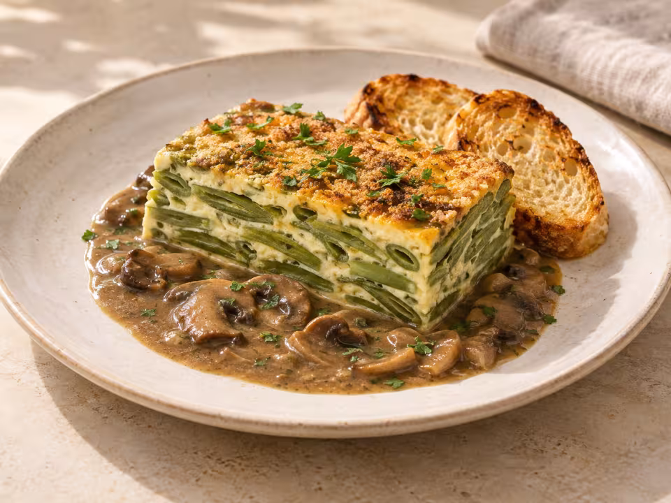 Pastel de judías verdes con salsa de champiñones al Oporto servido