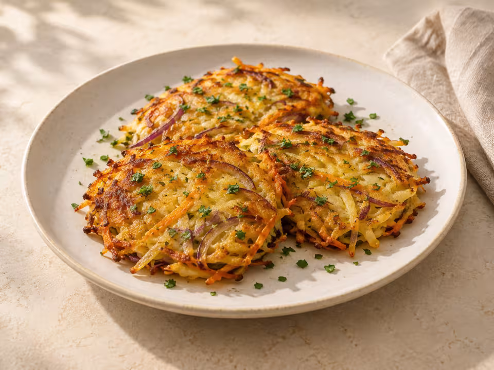 Tortitas de patata, zanahoria y cebolla al curry servido