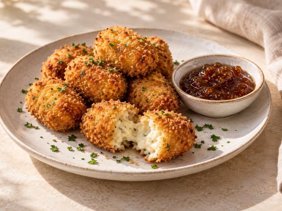 Croquetas de queso de cabra con mermelada de higos servido