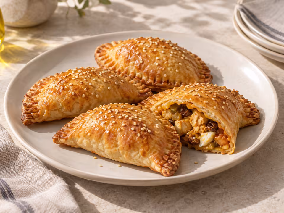 Baked chicken curry and raisin empanadillas ready to serve