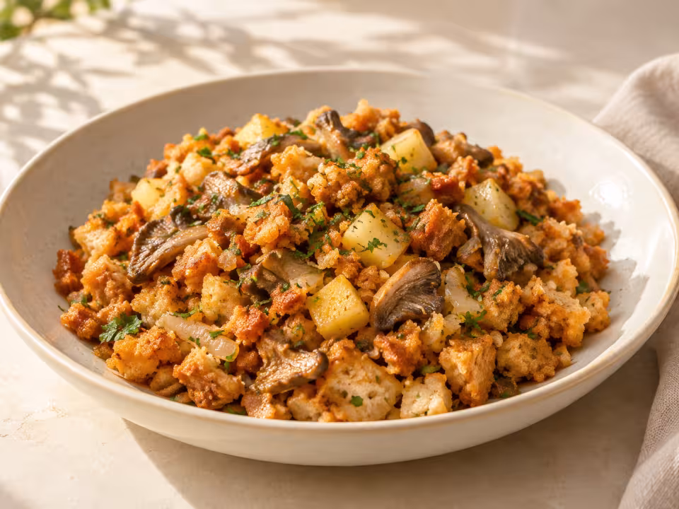 Migas de pan con patata, cebolla y setas servido