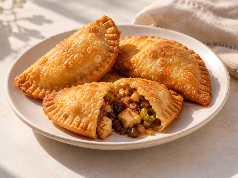 Spicy chicken empanadillas with olives and raisins ready to serve