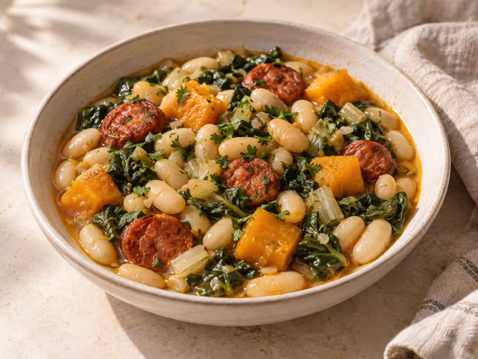 White beans with chorizo, chard and pumpkin ready to serve