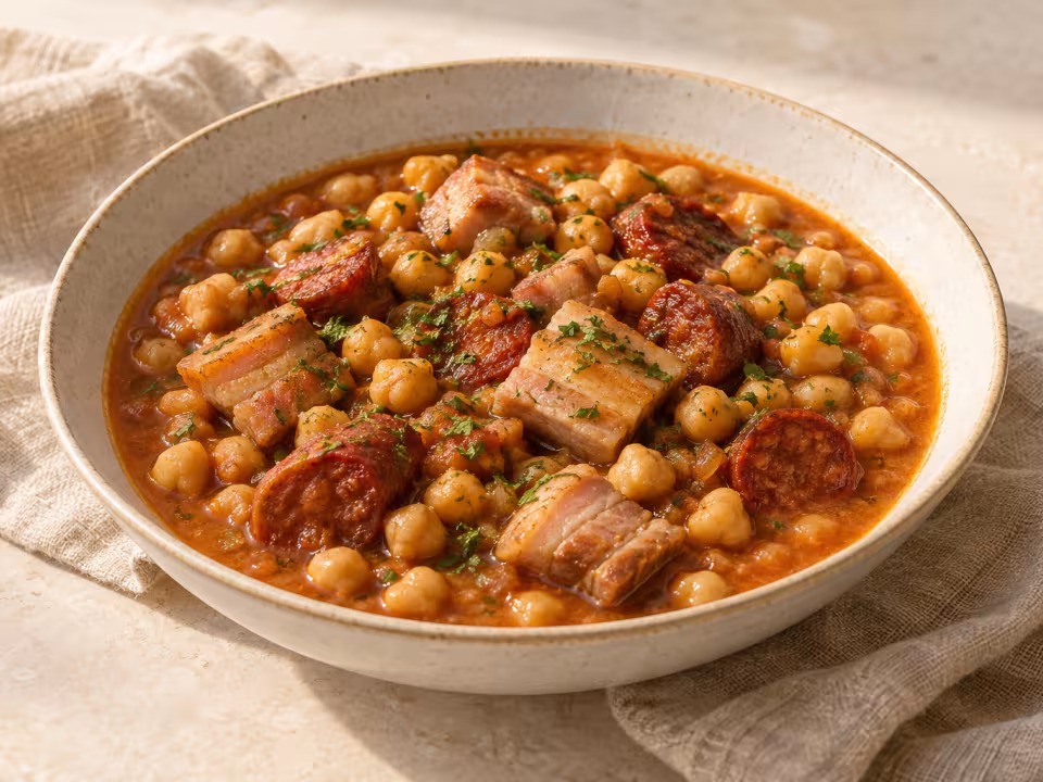 Chickpea stew with pork belly and chorizo ready to serve
