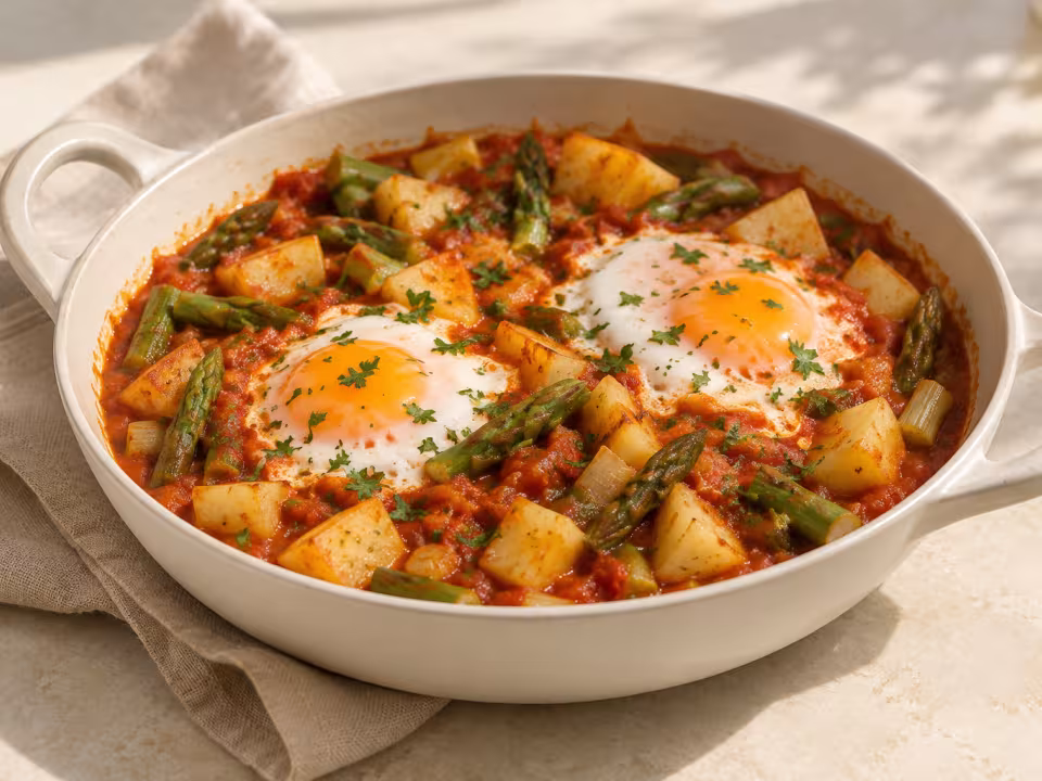 Eggs in tomato sauce with potatoes and spring asparagus ready to serve