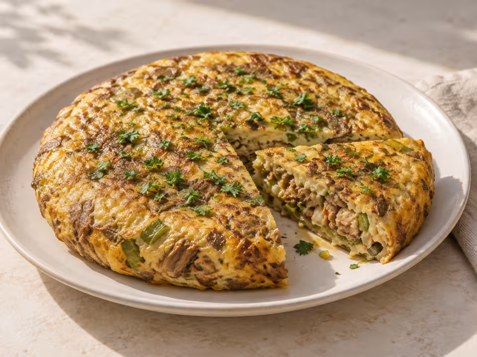 Tortilla de morcillo de ternera con cebolleta servido