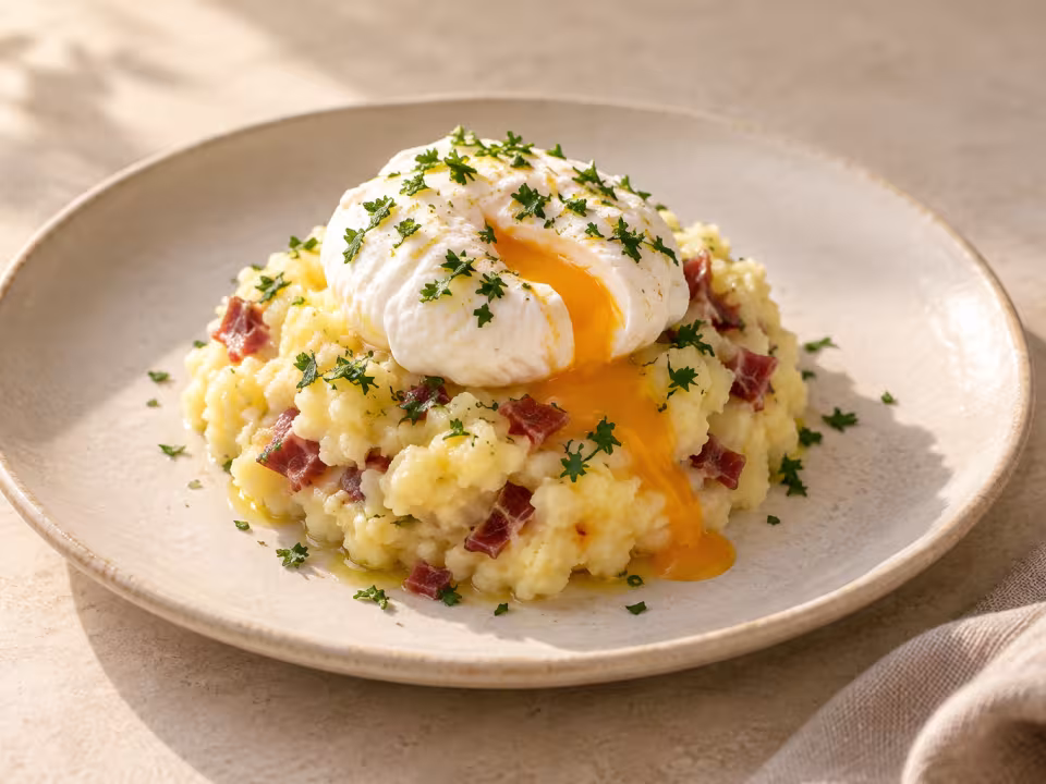 Huevo flor con puré de patata y jamón servido