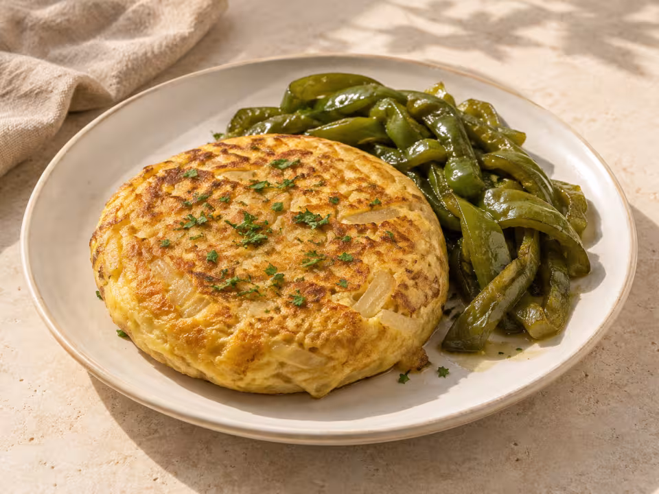 Tortillas de cebolla con pimientos verdes servido