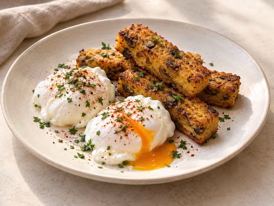 Huevos escalfados con bastones de polenta y setas servido