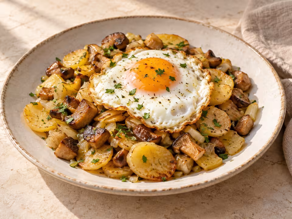 Huevos fritos con patatas y boletus servido
