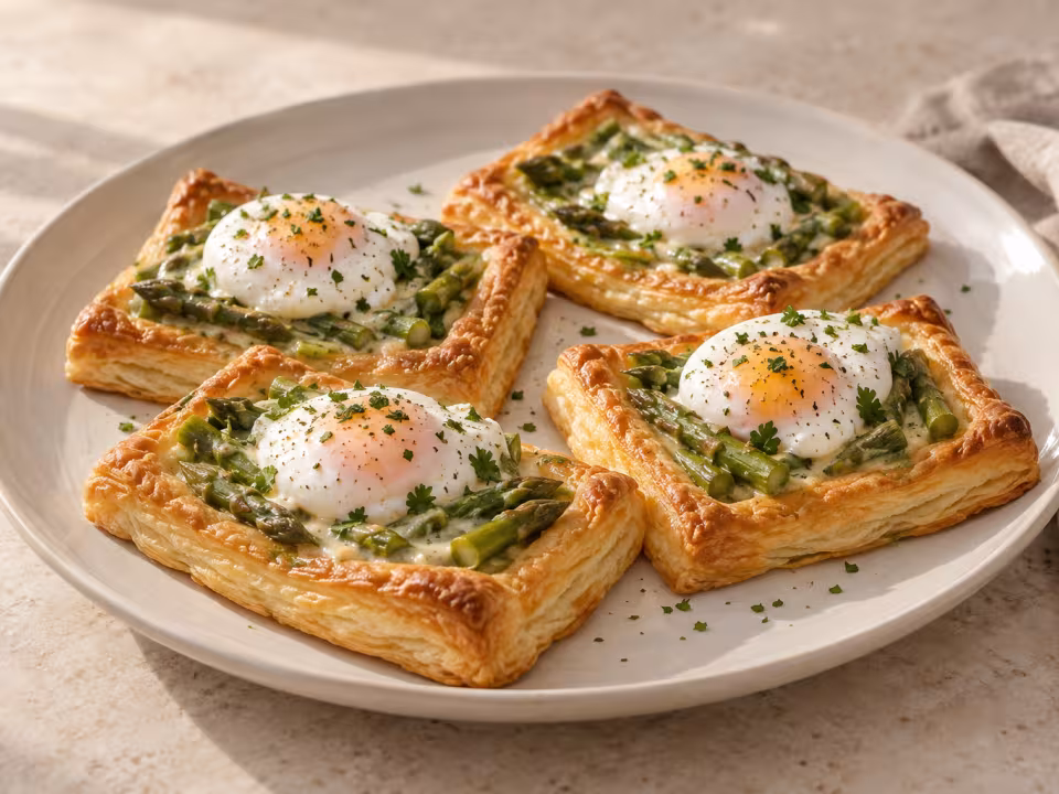 Puff pastry tarts with poached eggs and asparagus ready to serve