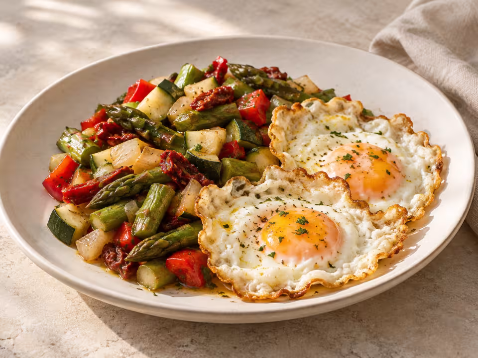 Huevos fritos con hortalizas y tomates secos servido