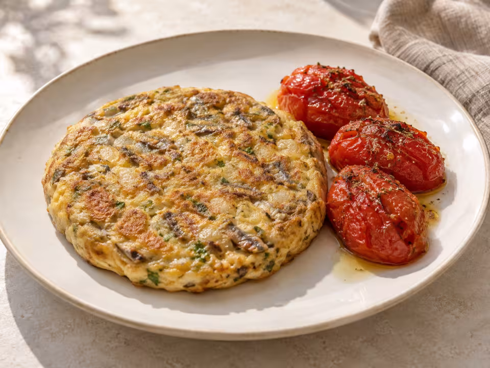 Tortillas de boquerones con tomates asados servido
