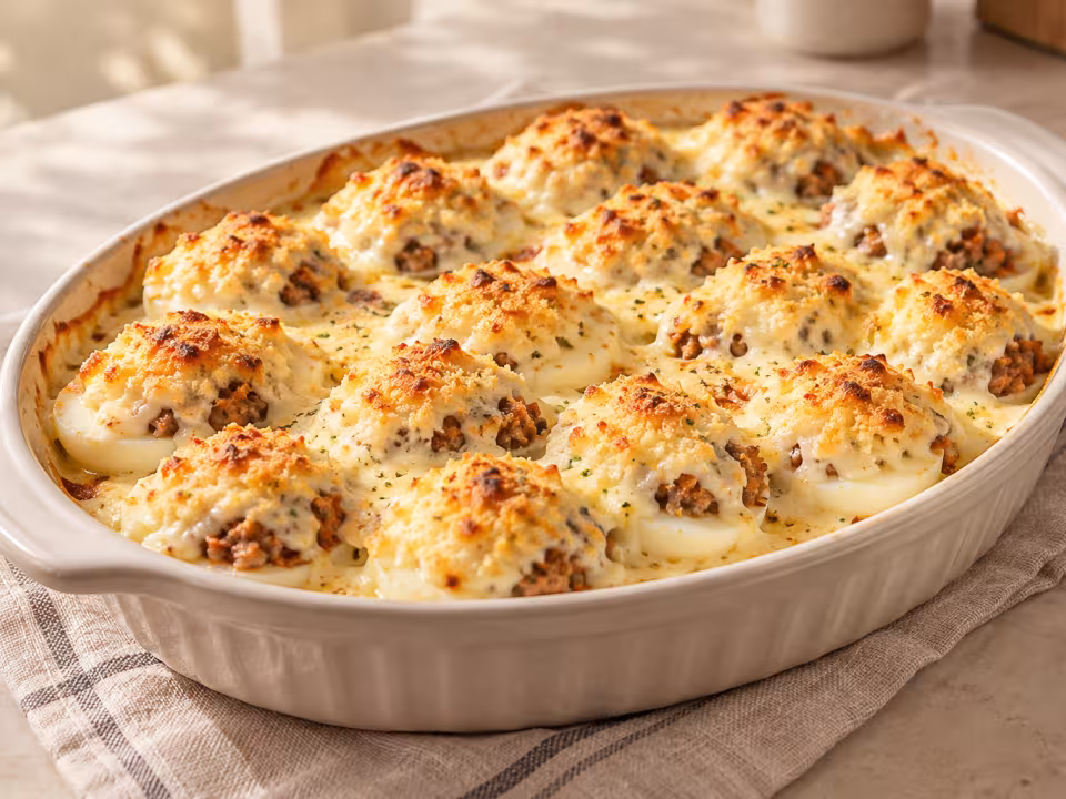 Huevos rellenos de ternera gratinados con bechamel servido