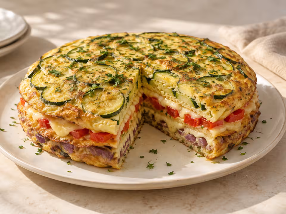 Three-layer vegetable and Havarti omelette ready to serve