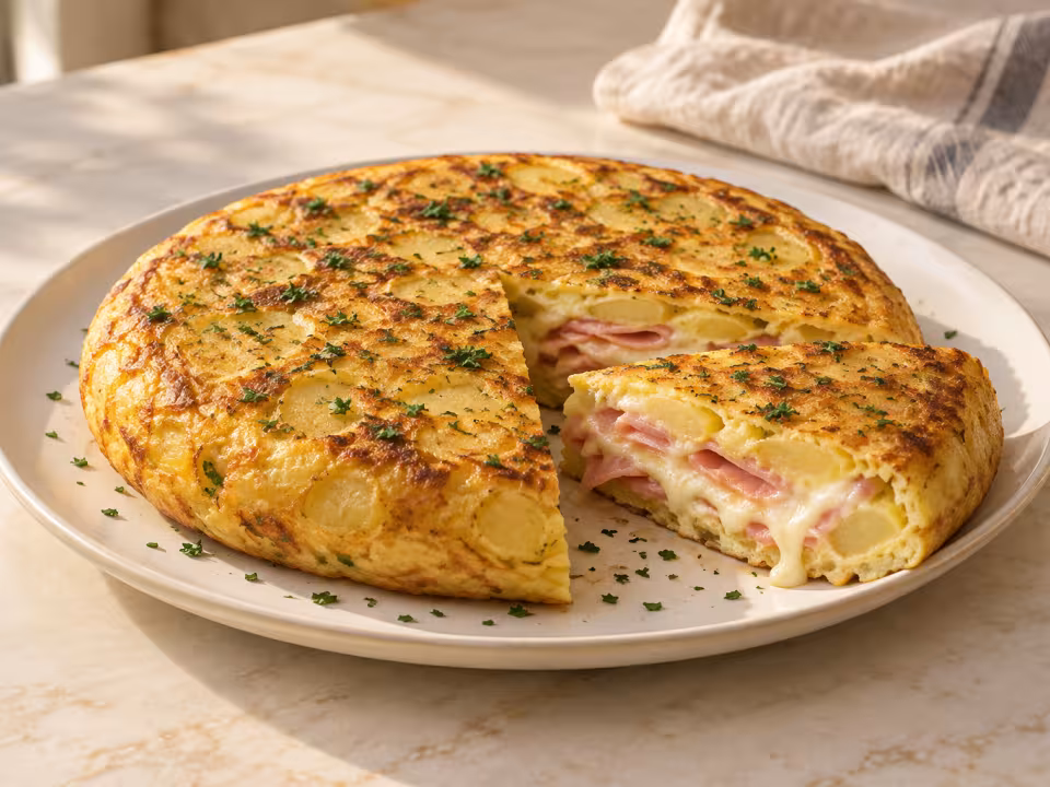 Tortilla de patata rellena de jamón y mozzarella servido