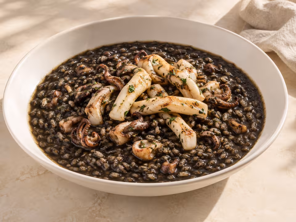 Arroz negro caldoso con tiras de calamar servido