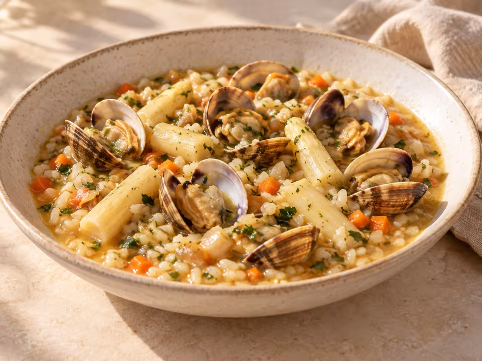 Arroz caldoso con almejas y espárragos blancos servido