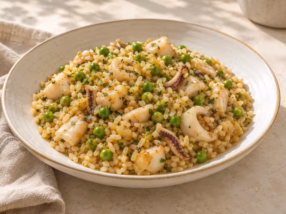 Arroz con sepia y guisantes servido