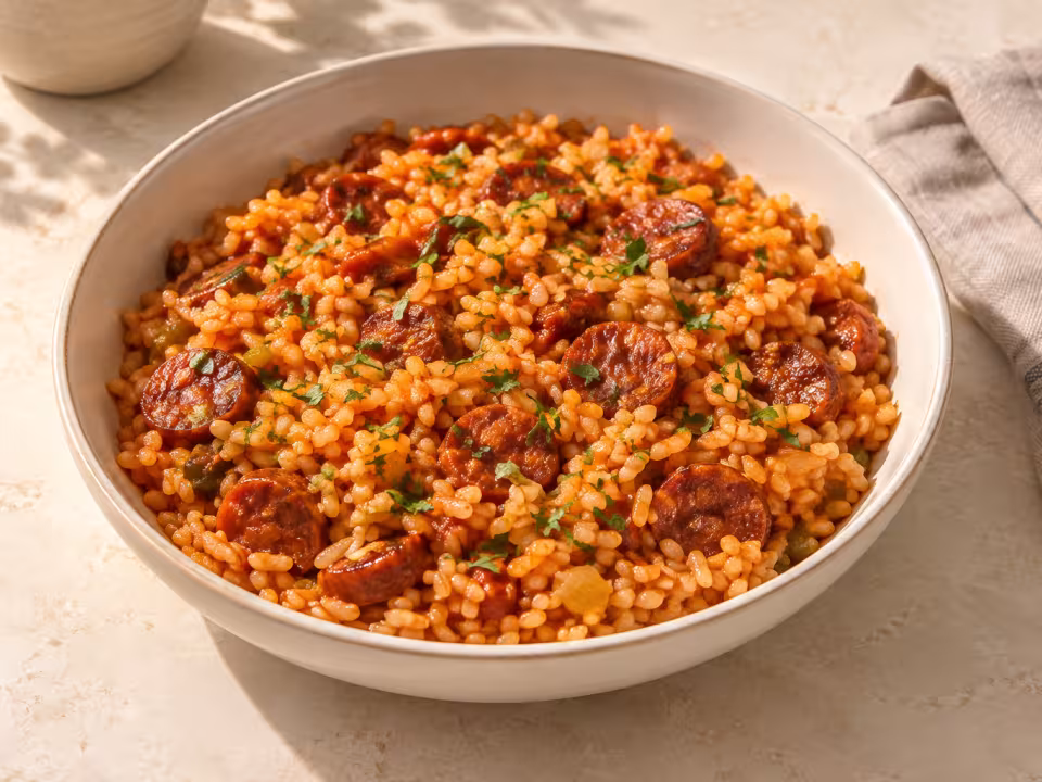 Arroz con chorizo y tomate al pimentón servido