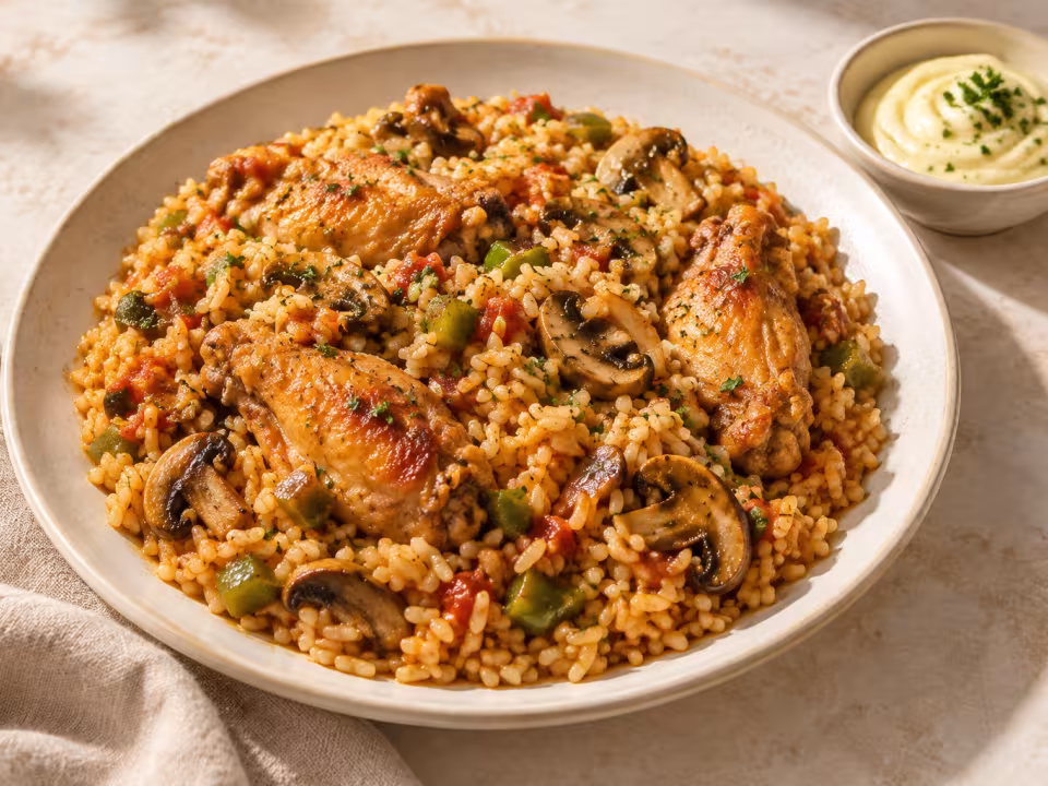 Chicken wing mushroom rice with garlic mayonnaise ready to serve