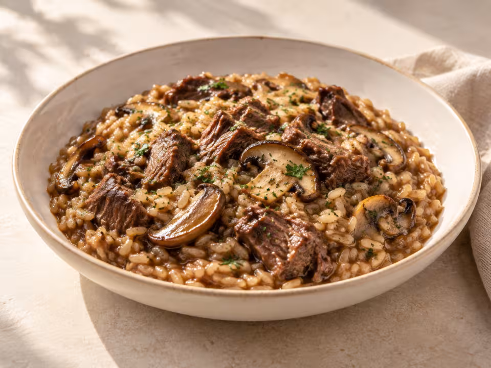 Arroz con rabo de ternera y boletus servido
