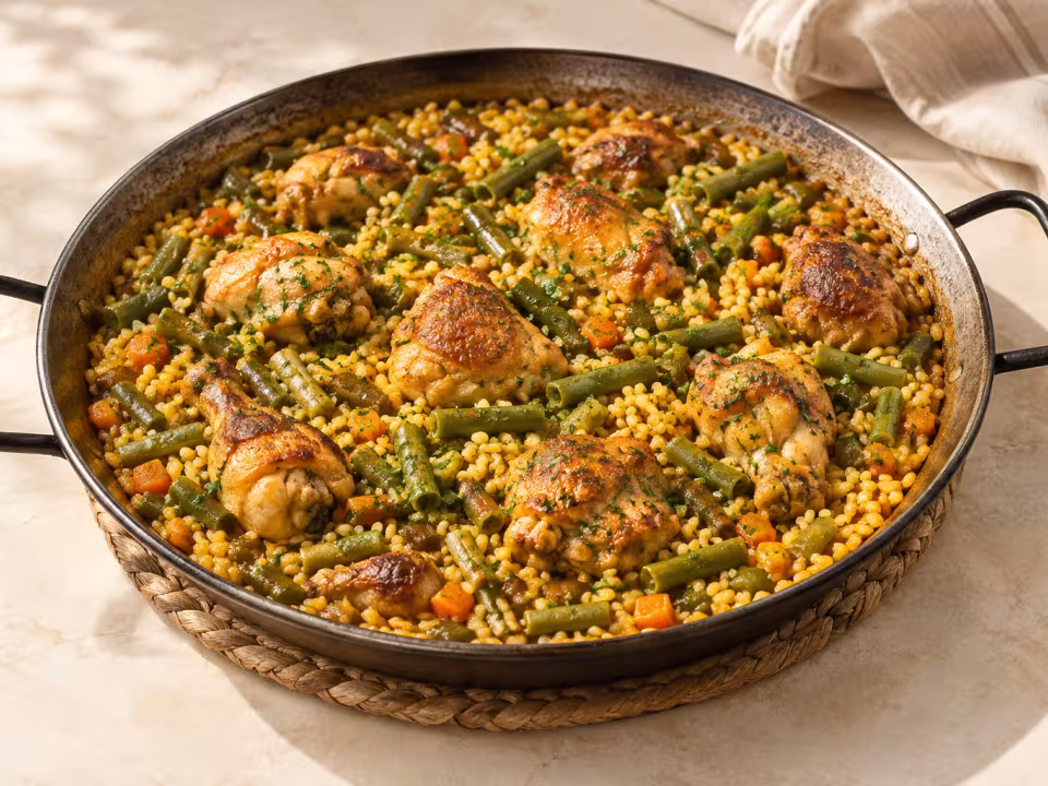 Arroz con picantones y judías verdes servido