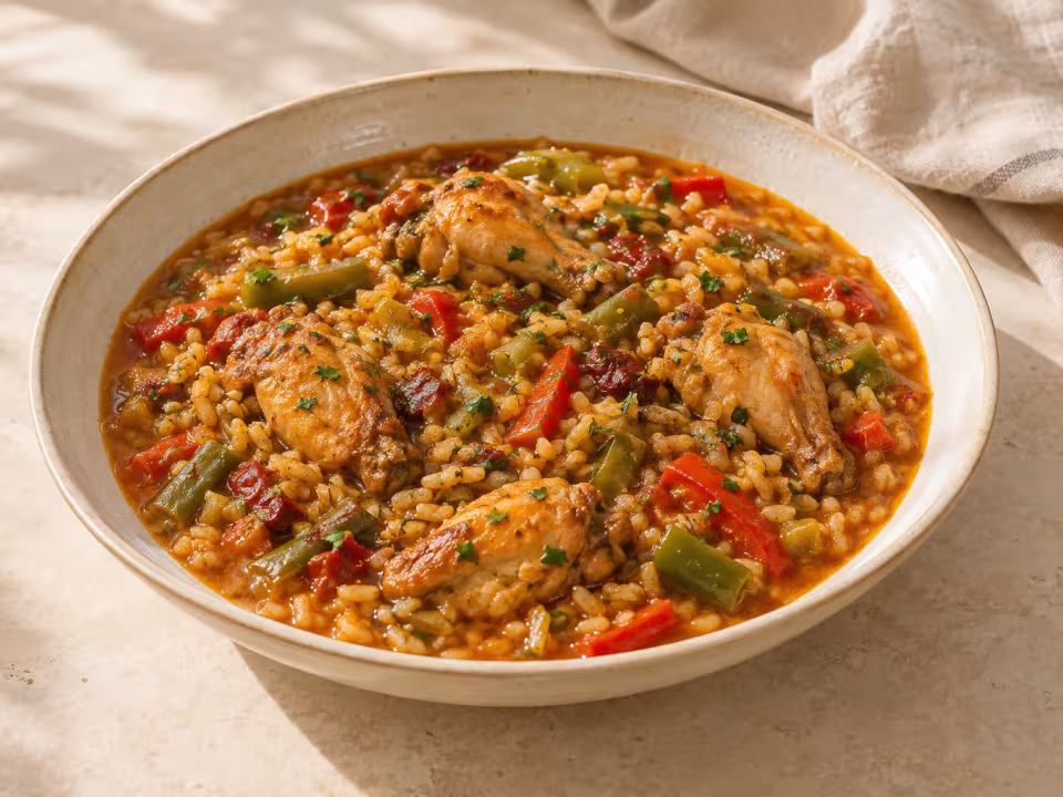 Country-style brothy rice with chicken wings and vegetables ready to serve