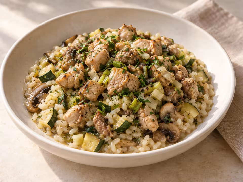 Arroz con mollejas de cordero, calabacín y champiñones servido