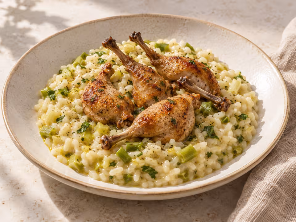 Risotto de codorniz y ajos tiernos servido