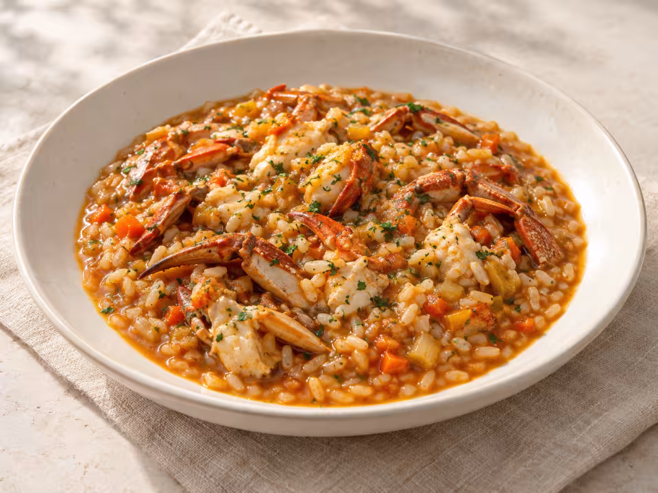 Arroz meloso con nécoras y verduras servido