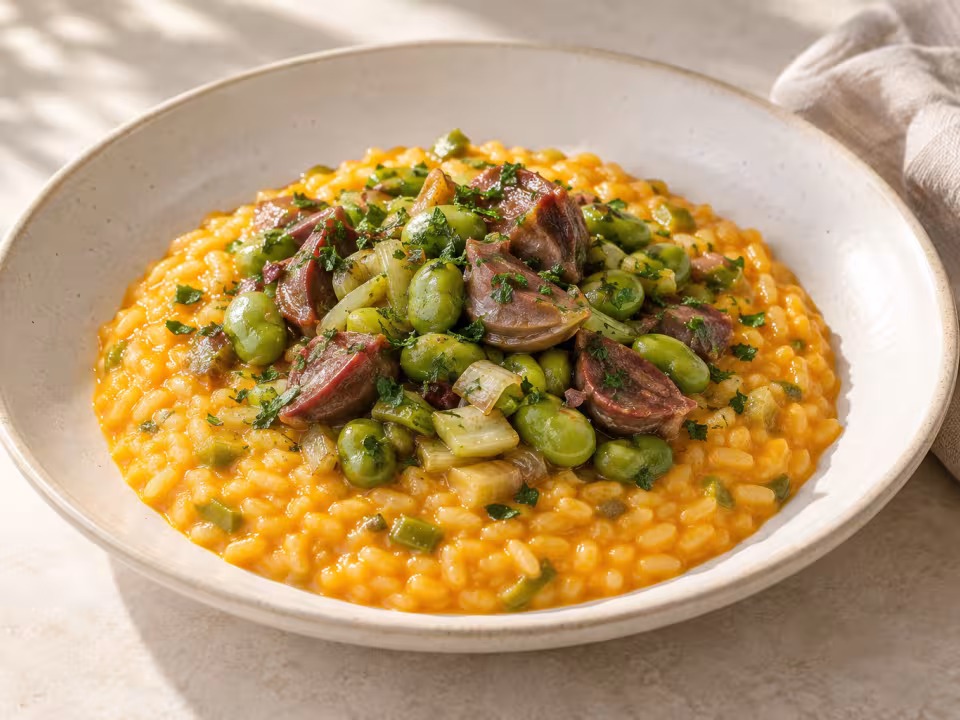 Risotto de zanahoria con mollejas de pato y habitas servido
