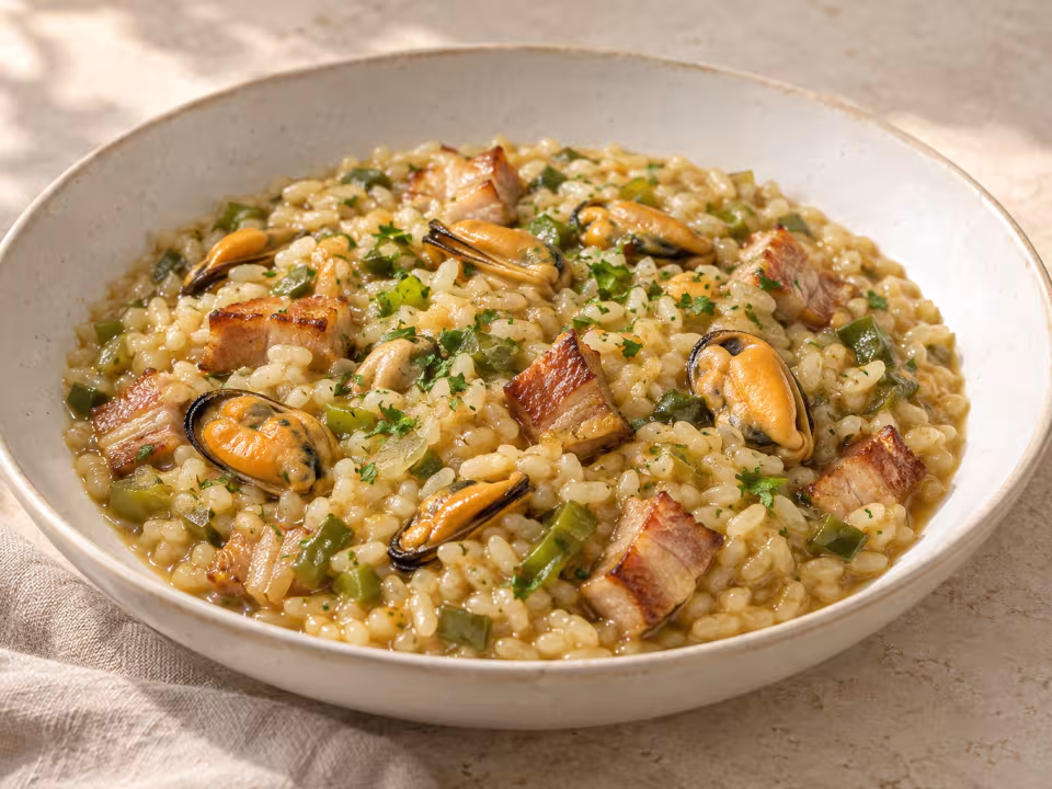 Creamy rice with mussels and pork belly ready to serve