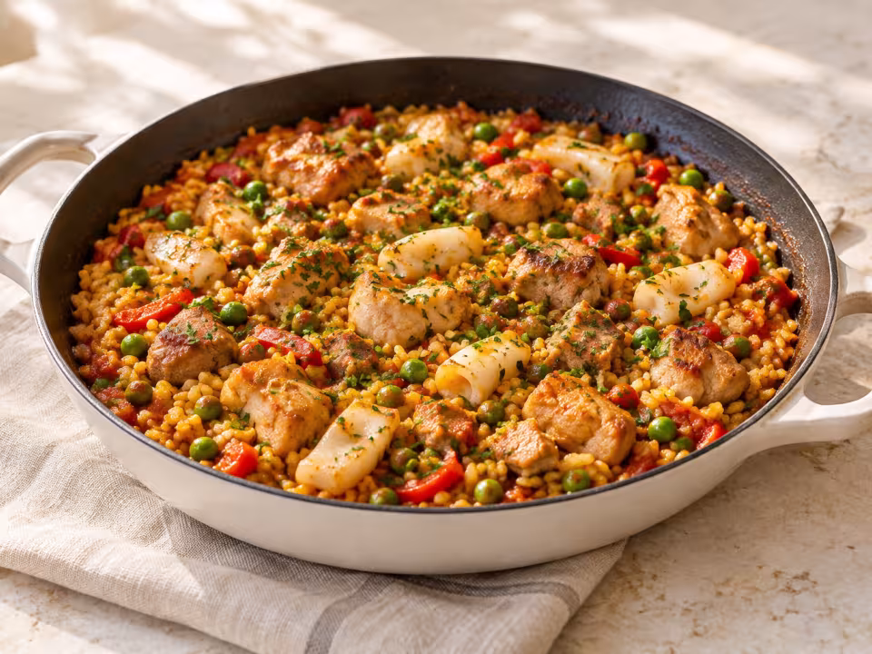 Arroz al horno con pollo, cerdo y sepia servido