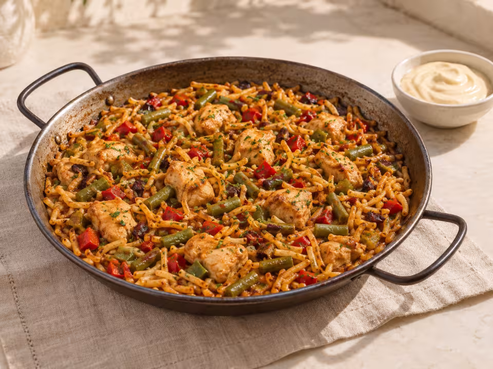 Fideuá de pollo y hortalizas con mayonesa de ajo servido