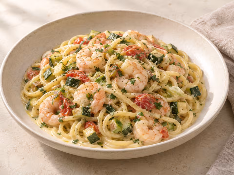 Spaghetti with courgette spring garlic and prawns ready to serve