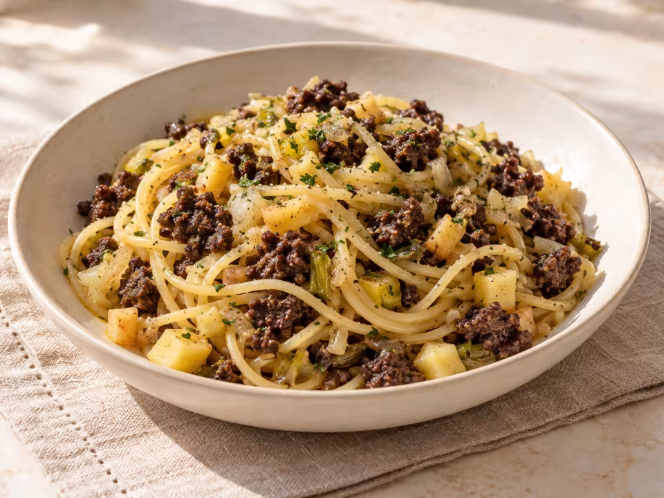 Spaghetti with onion blood sausage and apple ready to serve