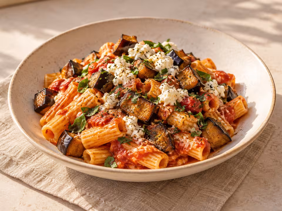 Pasta alla Norma with aubergine and ricotta ready to serve