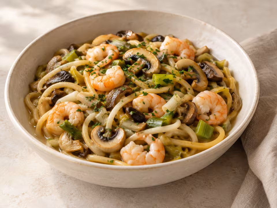 Noodles with prawns mushrooms and spring garlic ready to serve