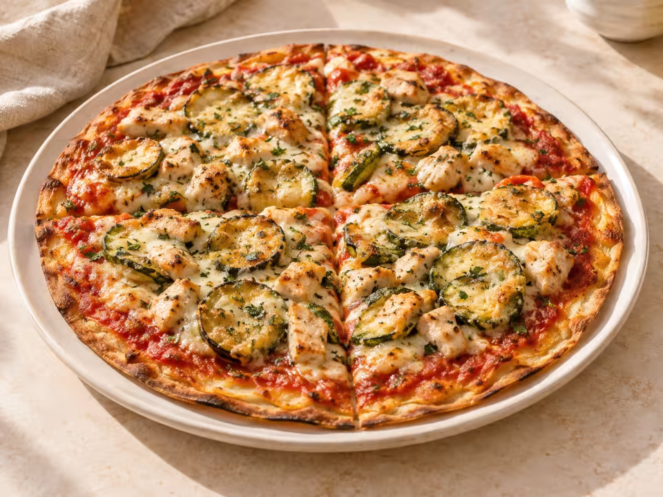 Thin pizza with battered courgette and chicken ready to serve