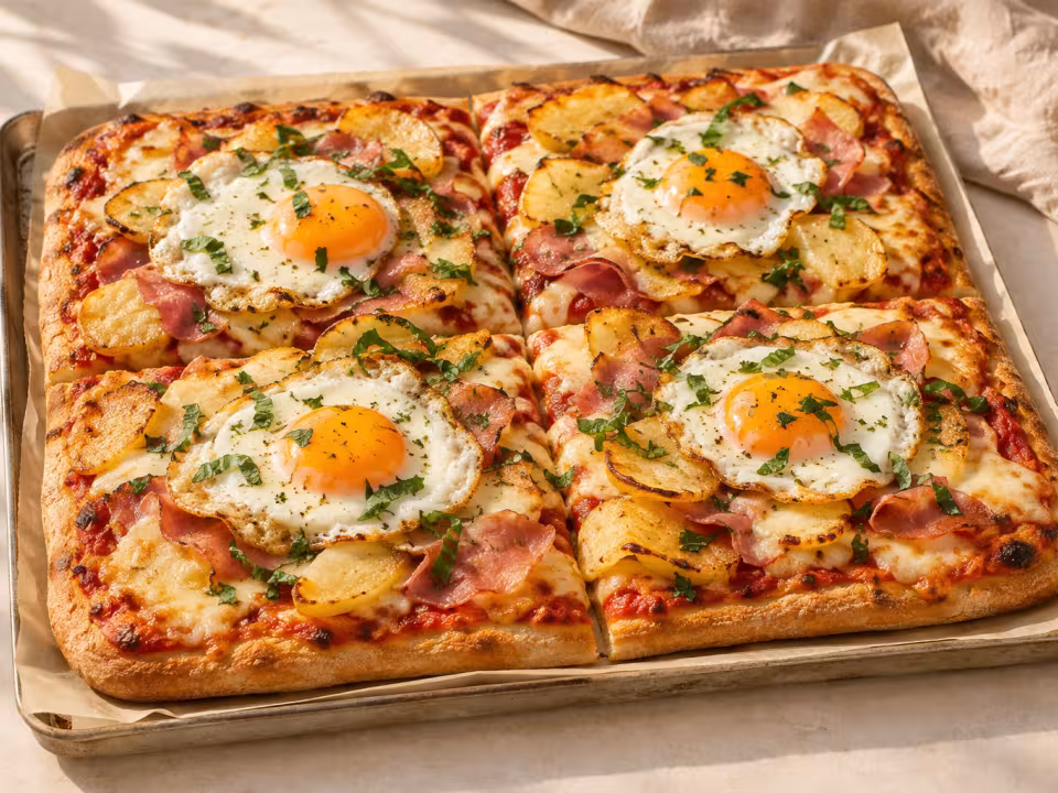 Ham and potato pizza with fried eggs ready to serve