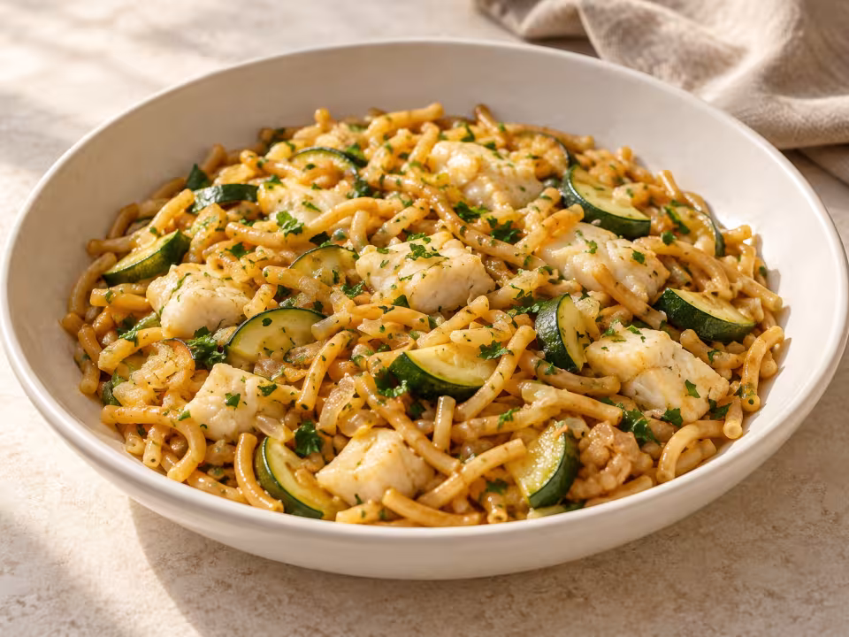 Toasted noodles with courgette and cod ready to serve