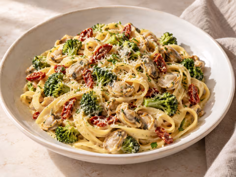 Tagliatelle with broccoli sun-dried tomatoes and clams ready to serve