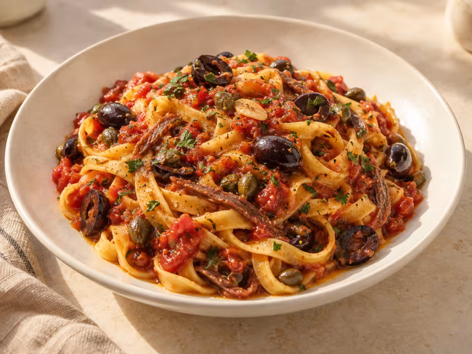 Fettuccine alla puttanesca con anchoas y aceitunas servido