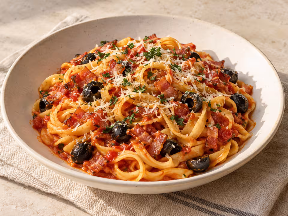 Tagliatelle with spicy tomato bacon and black olives ready to serve